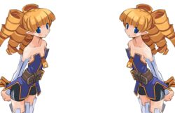  2girls archer_(disgaea) bike_shorts blonde_hair blue_eyes blush demon_girl disgaea drill_hair elf multiple_girls pointy_ears thighhighs wallpaper 