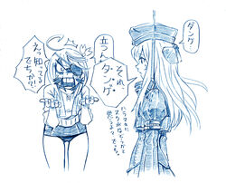  2girls ahoge ashita_no_joe bbb_(friskuser) blue_theme commentary_request cropped_jacket eyepatch garrison_cap hair_ornament hat i-58_(kancolle) kantai_collection long_hair long_sleeves military military_uniform monochrome multiple_girls open_mouth partially_translated photoshop_(medium) puffy_long_sleeves puffy_sleeves school_swimsuit short_hair simple_background sleeves_rolled_up sweatdrop swimsuit swimsuit_under_clothes tange_danpei towel towel_around_neck translation_request u-511_(kancolle) uniform white_background 