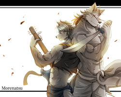  2016 abs anthro biceps canid canine canis clothed clothing domestic_dog duo fur guitar hi_res holding_guitar holding_melee_weapon holding_musical_instrument holding_object holding_sword holding_weapon husky kouya_(morenatsu) male mammal melee_weapon morenatsu muscular muscular_anthro muscular_male musical_instrument nordic_sled_dog pecs plucked_string_instrument shirt spitz string_instrument sword tach8 tank_top ten_kodori topless topwear weapon wolf 