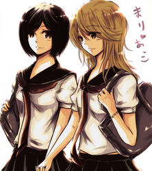  2girls bad_id bad_pixiv_id bag black_hair blonde_hair bracelet couple girl_friends_(manga) holding_hands jewelry kumakura_mariko long_hair multiple_girls oohashi_akiko school_uniform serafuku short_hair simple_background star_(symbol) yuri yuuyu_(777) 