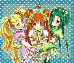  3girls akimoto_komachi bad_id bad_pixiv_id blonde_hair blue_background blush boots brooch brown_eyes brown_hair butterfly_brooch butterfly_hair_ornament choker cure_mint cure_rosetta dokidoki!_precure earrings flower frills futari_wa_precure green_choker green_eyes green_hair hair_flower hair_ornament heart heart_background heart_brooch holding_hands in-franchise_crossover interlocked_fingers jewelry knee_boots kujou_hikari long_hair magical_girl multiple_girls noah_(livas) photoshop_(medium) pink_flower pink_rose precure rose shiny_luminous skirt smile yellow_eyes yes!_precure_5 yotsuba_alice 