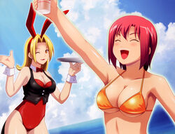  2girls absurdres animal_ears bare_legs bikini blonde_hair bottle breasts bunny_ears bunny_girl bunnysuit cleavage closed_eyes closed_eyes highres koutaro milk_mustache multiple_girls orange_eyes red_hair rio rio_rollins short_hair super_blackjack swimsuit tailcoat tiffany_(super_blackjack) tiffany_abbott vest 