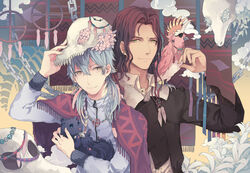  2boys bad_id bad_pixiv_id bird blue_hair braid brown_hair canine chains dramatical_murder dream_catcher feathers flower long_hair major_mitchell&#039;s_cockatoo male_focus mink_(dramatical_murder) mogi_(green_tea_planet) multiple_boys photoshop_(medium) ren_(dramatical_murder) seragaki_aoba skull smile smoking tori_(dramatical_murder) 