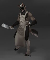  almos-tiroshi anthro apron canid canine cleaver_(knife) clothing cutlery fur hair kitchen_knife kitchen_utensils knife looking_at_viewer male mammal nipples open_mouth solo standing tools 