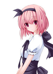  colorized commentary_request female hairband highres hiro_(hirohiro31) original photoshop_(medium) pink_hair purple_eyes short_hair simple_background solo wata_(akawata) white_background 