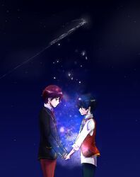  2boys blue_eyes blue_hair campanella_(ginga_tetsudou_no_yoru) commentary_request constellation flying_train formal ginga_tetsudou_no_yoru giovanni_(ginga_tetsudou_no_yoru) holding_hands kurumi_(ciderpop) multiple_boys necktie night night_sky red_hair scorpius_(constellation) short_hair sky smile star_(sky) starry_sky suit train 