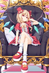  bare_legs blonde_hair bobby_socks bow chair checkered_floor choker colorized commentary_request crossed_legs dinyc female flandre_scarlet hairbow hat long_hair looking_at_viewer mary_janes mini_hat mini_top_hat one_side_up pillow platform_footwear red_eyes shoes short_hair_with_long_locks sitting socks solo top_hat touhou wata_(akawata) white_socks wings 