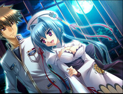  1boy blue_hair breasts brown_eyes brown_hair chouun cleavage couple female game_cg hongou_kazuto indoors koihime_musou moon moonlight purple_eyes school_uniform sky 