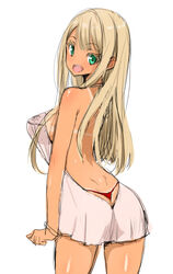  :d alessandra_susu aqua_eyes ass bikini_tan breasts commentary_request dark-skinned_female dark_skin female large_breasts long_hair looking_at_viewer open_mouth panties platinum_blonde_hair poin_(hidsuki) red_panties sideboob simple_background smile solo tan tanlines thong tokyo_7th_sisters underwear white_background 