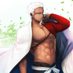  1boy abs archer_(fate) bad_id bad_pixiv_id cosplay dark-skinned_male dark_skin emiya_shirou fate/stay_night fate_(series) highres igote male_focus mochaabx pectorals senji_muramasa_(fate) senji_muramasa_(fate)_(cosplay) solo white_hair 