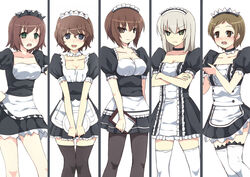  5girls akaboshi_koume alternate_costume angry apron black_dress black_pantyhose black_thighhighs blue_eyes blush breasts brown_eyes brown_hair choker cleavage clipboard closed_mouth collarbone commentary_request cowboy_shot crossed_arms dress enmaided frilled_dress frills girls_und_panzer grey_hair happy hida_ema holding itsumi_erika kojima_emi lace lace-trimmed_dress lace-trimmed_legwear lace_trim looking_at_viewer maid maid_apron maid_headdress medium_breasts multiple_girls nishizumi_maho open_mouth pantyhose puffy_short_sleeves puffy_sleeves short_dress short_sleeves smile srwsrx_(gp03dsrx) standing thighhighs tray underbust white_legwear zettai_ryouiki 