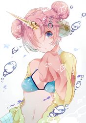  air_bubble bandages bati15 blue_eyes bubble closed_mouth commentary_request double_bun fate/grand_order fate_(series) female frankenstein&#039;s_monster_(fate) frankenstein&#039;s_monster_(swimsuit_saber)_(fate) frankenstein&#039;s_monster_(swimsuit_saber)_(first_ascension)_(fate) hair_bun hair_over_one_eye horns looking_at_viewer mechanical_horns navel parted_bangs pink_hair pursed_lips short_hair single_horn sleeves_past_wrists solo underwater upper_body 