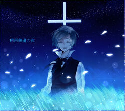  1boy bad_id bad_pixiv_id brown_hair campanella_(ginga_tetsudou_no_yoru) closed_eyes copyright_name cross crying ginga_tetsudou_no_yoru grass male_focus necktie night night_sky open_mouth petals sky smile solo star_(sky) starry_sky vest ysry 