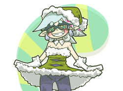  +_+ bare_shoulders black_pantyhose blue_hair breasts clothes_lift commentary_request cowboy_shot detached_collar dress dress_lift earrings female gloves green_santa_costume grin hat inkling jewelry lace lace-trimmed_panties lace_trim marie_(splatoon) mole mole_under_eye panties panties_under_pantyhose pantyhose pointy_ears santa_costume santa_hat seki_(red_shine) small_breasts smile solo splatoon_(series) splatoon_1 thick_eyebrows underwear white_gloves 