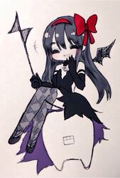  :d akemi_homura akuma_homura argyle_clothes argyle_legwear bare_shoulders black_gloves black_hair bow choker closed_eyes commentary_request dress elbow_gloves facing_viewer fc_(efushii) female gloves hairbow hand_to_own_mouth lilia_(madoka_magica) long_hair mahou_shoujo_madoka_magica mahou_shoujo_madoka_magica:_hangyaku_no_monogatari open_mouth polearm simple_background sitting smile spear spoilers thighhighs weapon white_background wings 