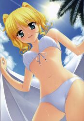  absurdres beach bikini blonde_hair blue_eyes blush cloud day dutch_angle female from_above front-tie_top highres honeycoming_royalsweet light_rays looking_at_viewer matsushita_makako navel open_towel outdoors palm_tree parted_lips rakko_(makarakko) short_hair sky smile solo sun sunbeam sunlight swimsuit tagaya_marino towel tree wet white_bikini 