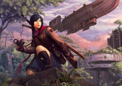  aircraft black_hair boots braid camera commentary dirigible english_commentary female fleur-de-lis glasses gun katana long_hair okita on_one_knee original outdoors overgrown rifle ruins scarf skirt solo sword twin_braids weapon 