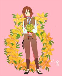  1boy axis_powers_hetalia blush bouquet brown_hair commentary_request flower green_eyes lithuania_(hetalia) male_focus rue_(flower) smile solo yuzu_ichika 