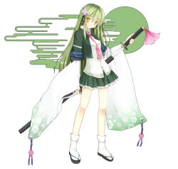  commentary_request egasumi female flower green_hair hair_flower hair_ornament katana long_hair necktie niboss original partial_commentary photoshop_(medium) sandals school_uniform skirt solo sword tabi weapon yellow_eyes 