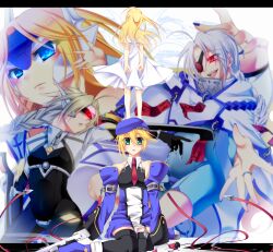  5girls ahoge beret blazblue blonde_hair bodysuit bolverk commentary_request crotch_plate dress eyepatch gun handgun hat head-mounted_display lambda-11 mecha_musume mu-12 multiple_girls noel_vermillion nu-13 saya_(blazblue) sayo_wini thighhighs weapon white_dress white_hair 