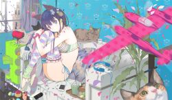  aircraft airplane animal_ears asymmetrical_legwear black_cat blue_eyes blue_hair blue_panties bra breasts cake cat_ears cellphone cleavage coffee commentary_request cup drinking_straw earbuds earphones extra_ears family_computer_robot feline female flower food frilled_bra frilled_legwear frills fuyuno_haruaki game_boy_advance game_console green_bra hair_flower hair_ornament handheld_game_console headphones heterochromia hugging_own_legs ice_cream iphone leg_warmers lingerie long_hair looking_at_viewer macaron medium_breasts mismatched_legwear original p-38_lightning panties phone pillow plaid plaid_legwear power_glove_(nintendo) purple_eyes side-tie_panties sitting smartphone solo stickam teacup thighhighs underwear underwear_only very_long_hair virtual_boy watch 