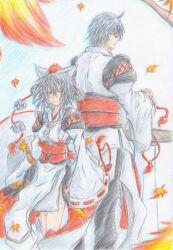  1boy adapted_costume ahoge alternate_costume animal_ears bad_id bad_pixiv_id colored_pencil_(medium) commentary_request female from_behind glasses grey_hair hat inubashiri_momiji kourindou_tengu_costume leaf maple_leaf morichika_rinnosuke red_eyes sword tokin_hat touhou traditional_media weapon wolf_ears you_(esparda) 