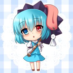  :o bad_id bad_pixiv_id blue_eyes blue_hair chibi female heterochromia karakasa_obake momojiri_aya open_mouth purple_umbrella red_eyes short_hair skirt smile solo tatara_kogasa teruterubouzu tongue touhou umbrella 