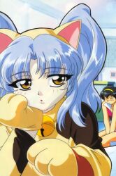  1990s_(style) 1boy :o animal_costume animal_ears aoi_jun_(kidou_senkan_nadesico) bell black_hair blue_hair blush cat_costume cosplay crossdressing fake_animal_ears female gekiganger_3 hairband hoshino_ruri katou_hatsue kidou_senkan_nadesico long_hair official_art photoshop_(medium) retro_artstyle short_hair twintails yellow_eyes 