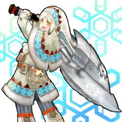  axe capcom female lagombi_(armor) monster_hunter monster_hunter_portable_3rd orange_eyes snowflakes solo ukanlos urukususu urukususu_(armor) weapon yellow_eyes 