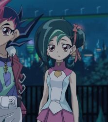  animated animated animated brown_eyes green_hair lowres mizuki_kotori_(yugioh_zexal) mizuki_kotori_(yuu-gi-ou_zexal) red_eyes ribbon shout shouting skirt tsukumo_yuma tsukumo_yuuma yu-gi-oh! yugioh_zexal yuu-gi-ou yuu-gi-ou_zexal 