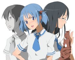  3girls aioi_yuuko bad_id bad_pixiv_id black_eyes black_hair blue_eyes blue_hair buddha carving commentary_request cube_hair_ornament glasses hair_ornament kon_(kdash) long_hair minakami_mai multiple_girls naganohara_mio necktie nichijou open_mouth partially_colored profile school_uniform short_hair short_twintails simple_background statue tokisadame_school_uniform twintails white_background 