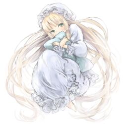  barefoot blonde_hair commentary_request female gosick hat hug hugging_object long_hair nightgown pillow pillow_hug robe solo tamaki_iori victorica_de_blois 