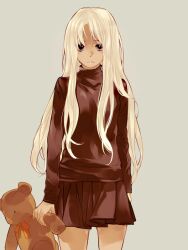  blonde_hair commentary_request dark-skinned_female dark_skin female gunslinger_girl hair_down harukaze_(jonathan) long_hair sad skirt solo stuffed_animal stuffed_toy teddy_bear triela 