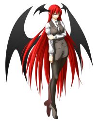  bad_id bad_pixiv_id bat_wings black_pantyhose bolo_tie female full_body head_wings highres holding_own_arm koakuma long_hair long_sleeves miniskirt niwatazumi pantyhose pencil_skirt red_eyes red_hair shirt simple_background skirt solo touhou vest white_background white_shirt wings 