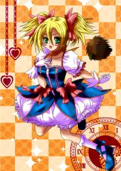  artist_request blonde_hair blush cosplay dark_magician_girl dark_magician_girl_(cosplay) green_eyes heart kaname_madoka kaname_madoka_(cosplay) kuriboh kuriboh_(cosplay) kyuubee mahou_shoujo_madoka_magica red_eyes ribbon ribbons yu-gi-oh! yuu-gi-ou_duel_monsters 