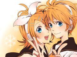  1boy bad_id bad_pixiv_id blonde_hair blue_eyes blush brother_and_sister camelot female hair_ornament hair_ribbon hairclip headphones kagamine_len kagamine_rin one_eye_closed open_mouth ribbon short_hair siblings smile twins v vocaloid 