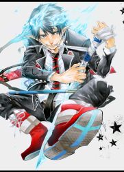  1boy ankle_boots ao_no_exorcist bad_id bad_pixiv_id bandages belt black_hair blazer blue_eyes blue_fire boots cross-laced_footwear fire flame-tipped_tail highres jacket katana lace-up_boots male_focus mouth_hold necktie noppo okumura_rin photoshop_(medium) pointy_ears red_footwear scabbard school_uniform sheath sitting solo star_(symbol) striped striped_necktie sword tail unsheathed weapon wrapping 