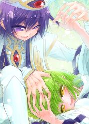  1boy blush c.c. code_geass couple female female green_hair happy lelouch_lamperouge long_hair lying male military military_uniform minami_(apricot_tea) open_mouth purple_eyes purple_hair short_hair sitting uniform yellow_eyes 