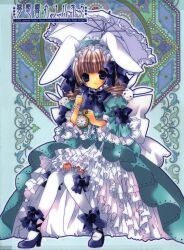  :3 absurdres animal_ears blue_eyes bow brown_hair bunny bunny_ears character_request dress drill_hair female frills gathers hairband highres koge_donbo lace lolita_fashion original parasol pocket_watch ribbon shoe_ribbon shoes short_hair smile solo thighhighs twin_drills twintails umbrella watch white_legwear 