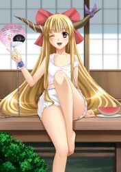  ;d bad_id bad_pixiv_id bare_legs bare_shoulders barefoot blonde_hair bloomers bow camisole chains chiro cuffs feet female food fruit hairbow hand_fan hand_fan_writing horns ibuki_suika kono_lolicon_domome legs long_hair oerba_yun_fang off_shoulder one_eye_closed open_mouth paper_fan photoshop_(medium) porch red_eyes sitting smile solo touhou translated uchiwa underwear underwear_only veranda very_long_hair water watermelon white_bloomers wrist_cuffs 