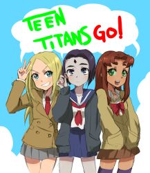  3girls blonde_hair blue_eyes blush cartoon_network dc_comics green_eyes gutn long_hair multiple_girls pixiv_thumbnail purple_eyes purple_hair raven raven_(dc) red_hair resized short_hair skirt smile starfire teen_titans terra_(dc) trio 