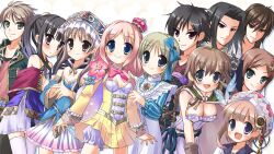  4boys 6+girls 7girls :d adult atelier atelier_(series) atelier_meruru atelier_rorona atelier_totori bangs bare_shoulders belt black_hair bloomers blue_dress blue_eyes blue_ribbon blush bow braid breasts brooch brown_eyes brown_hair butler cape capelet cleavage corsage crown detached_sleeves dress estiy_erhard everyone feathers feathers flat_chest floral_print flower frills gloves gray_eyes gray_hair green_eyes grey_eyes grey_hair hair_ornament hand_on_shoulder hands_together hat highres jacket jeeno_knab jewelry juana_olsys kaena_swaya leaning_forward lias_falken lolicon long_hair maid merurulince_rede_arls mimi_houllier_von_schwarzlang minidraco multiple_boys multiple_girls older open_mouth overcoat parted_bangs pink_hair pink_ribbon ponytail purple_eyes ribbon rororina_fryxell rufes_falken serious shorts smile sterkenburg_cranach totooria_helmold underwear wallpaper white_dress white_legwear white_thighhighs yellow_dress young younger 