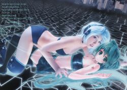  2girls blue_theme cosplay cosplay_photo hatsune_miku headset highres long_hair multiple_girls photo_(medium) scan shuukan_playboy tattoo thighhighs very_long_hair vocaloid yoshiki_risa 