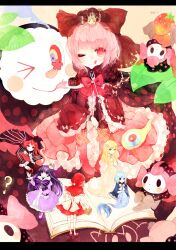  6+girls :p :q ? akemi_homura alternate_costume alternate_hairstyle black_hair blonde_hair blue_hair book bow cake cape charlotte_(madoka_magica) commentary_request crown food fork fruit hairbow highres hood juexing_(moemoe3345) kaname_madoka letterboxed long_hair mahou_shoujo_madoka_magica mahou_shoujo_madoka_magica_(anime) mermaid miki_sayaka monster_girl multiple_girls multiple_persona one_eye_closed personification photoshop_(medium) pink_eyes pink_hair red_hair sakura_kyoko short_hair spoilers spoon strawberry tomoe_mami tongue tongue_out 