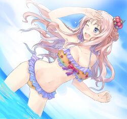  :d arched_crown atelier_(series) atelier_meruru bikini crown day dutch_angle female frilled_bikini frills fura half_updo long_hair merurulince_rede_arls mini_crown one_eye_closed open_mouth pink_hair red_crown shading_eyes sky smile solo swimsuit tilted_headwear wading yellow_bikini 