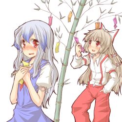  2girls bamboo blue_hair blush brush calligraphy_brush commentary_request fujiwara_no_mokou grey_hair hands_on_own_chest kamishirasawa_keine long_hair multiple_girls natsuk no_headwear open_mouth paintbrush smile suspenders tanabata touhou very_long_hair 