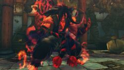  1boy alternate_costume alternate_hair_color angry barefoot black_hair capcom dark_skin dougi evil evil_ryu evil_ryuu flame floating_hair glowing glowing_eyes hole_in_chest long_hair male male_focus messy_hair red_eyes screencap solo street_fighter street_fighter_iv super_street_fighter_iv 