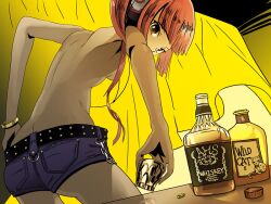  alcohol back blunt_bangs bottle bracelet breasts brown_eyes commentary_request feline female from_behind glass headphones jewelry kanipanda long_hair nekomura_iroha photoshop_(medium) pink_hair ponytail short_shorts shorts small_breasts solo topless underboob vocaloid whiskey 