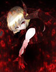  arugeri blonde_hair commentary_request dark female looking_up red_eyes red_theme ribbon rumia short_hair solo touhou 