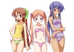  3girls bikini blue_eyes bow breasts brown_hair crossed_arms dark_skin frown hairbow isedaichi_ken long_hair midriff multiple_girls nail_polish navel open_mouth orange_hair original panties ponytail purple_hair red_eyes small_breasts smile striped striped_panties swimsuit twintails underwear 